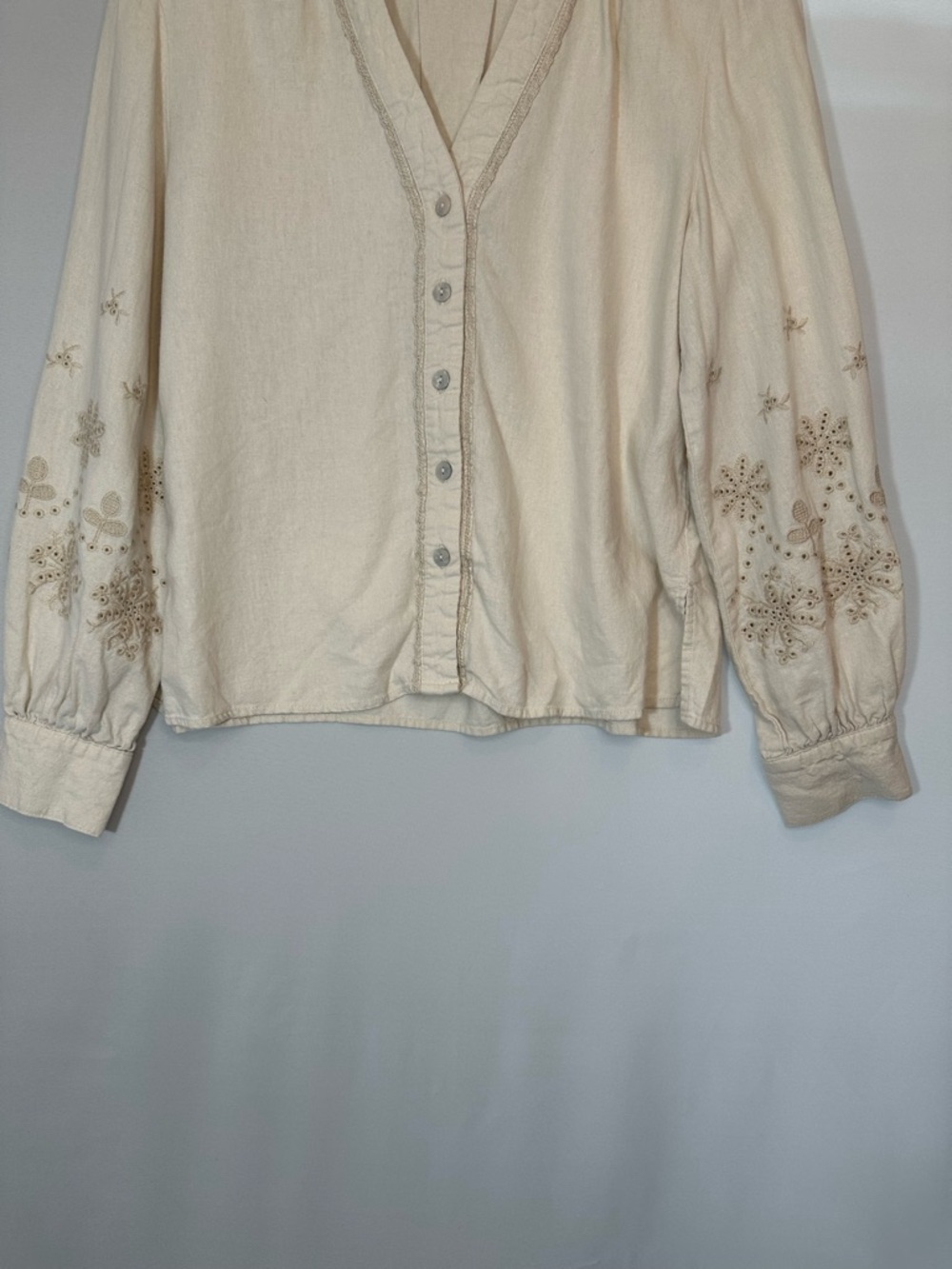 Tahari Linen Blend Embroidered Womens Size Button Long Sleeve Blouse Top Shirt - Picture 5 of 7
